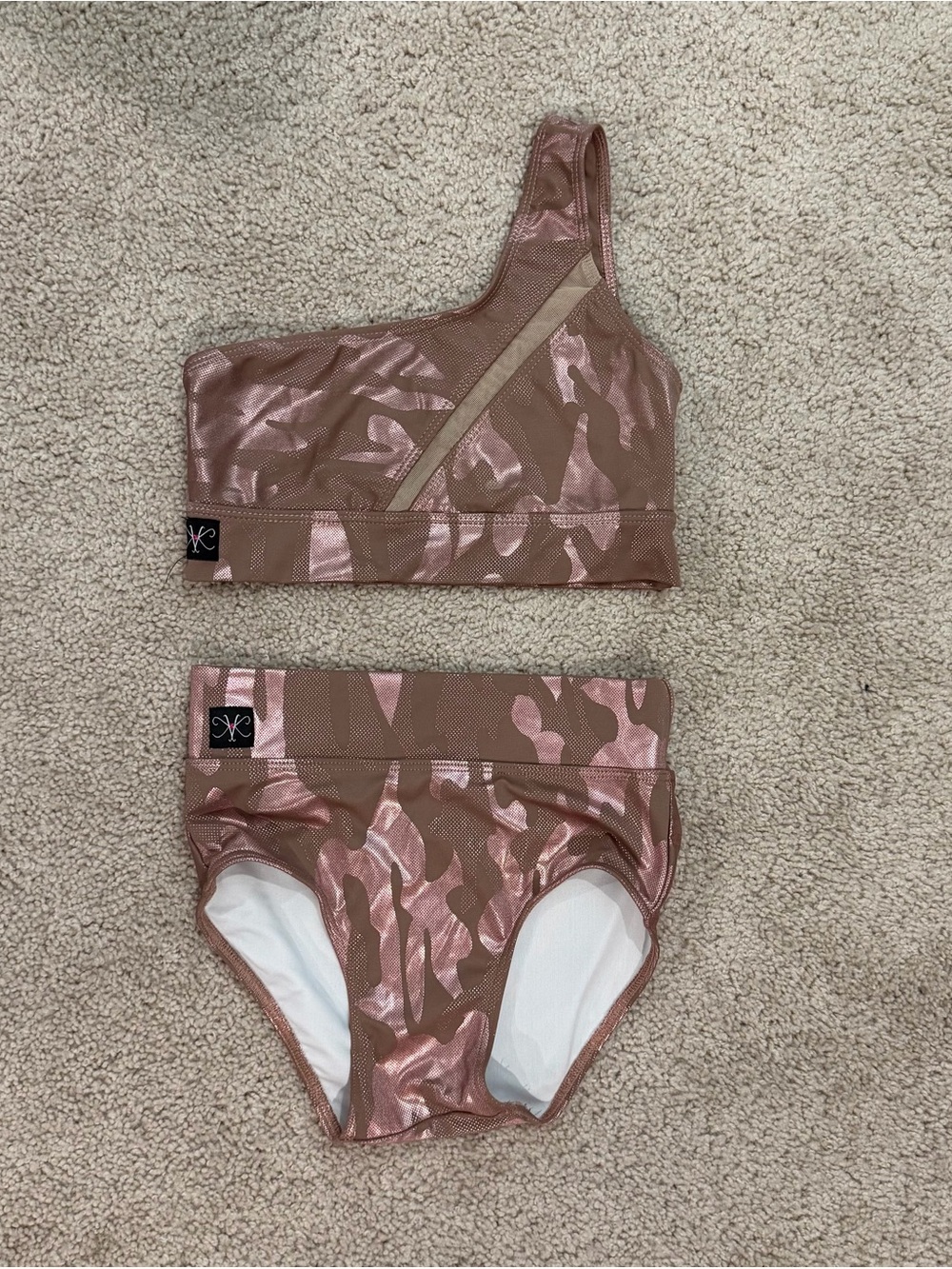 Girls One-Shoulder Metallic Rose Gold Camo dance Set - top and bottom